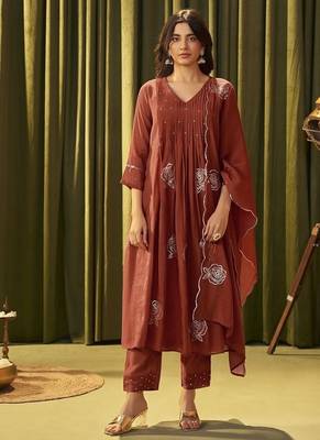 Red chanderi silk printed hand embroidery kurta set with dupatta 1