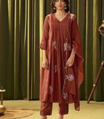 Red chanderi silk printed hand embroidery kurta set with dupatta