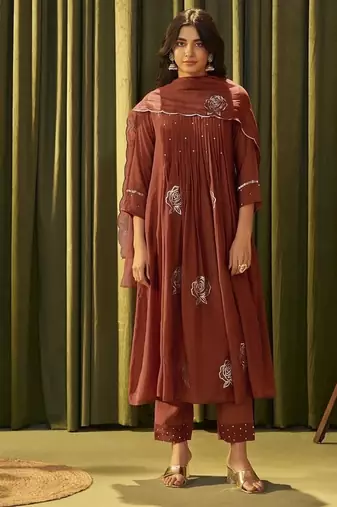 Red chanderi silk printed hand embroidery kurta set with dupatta