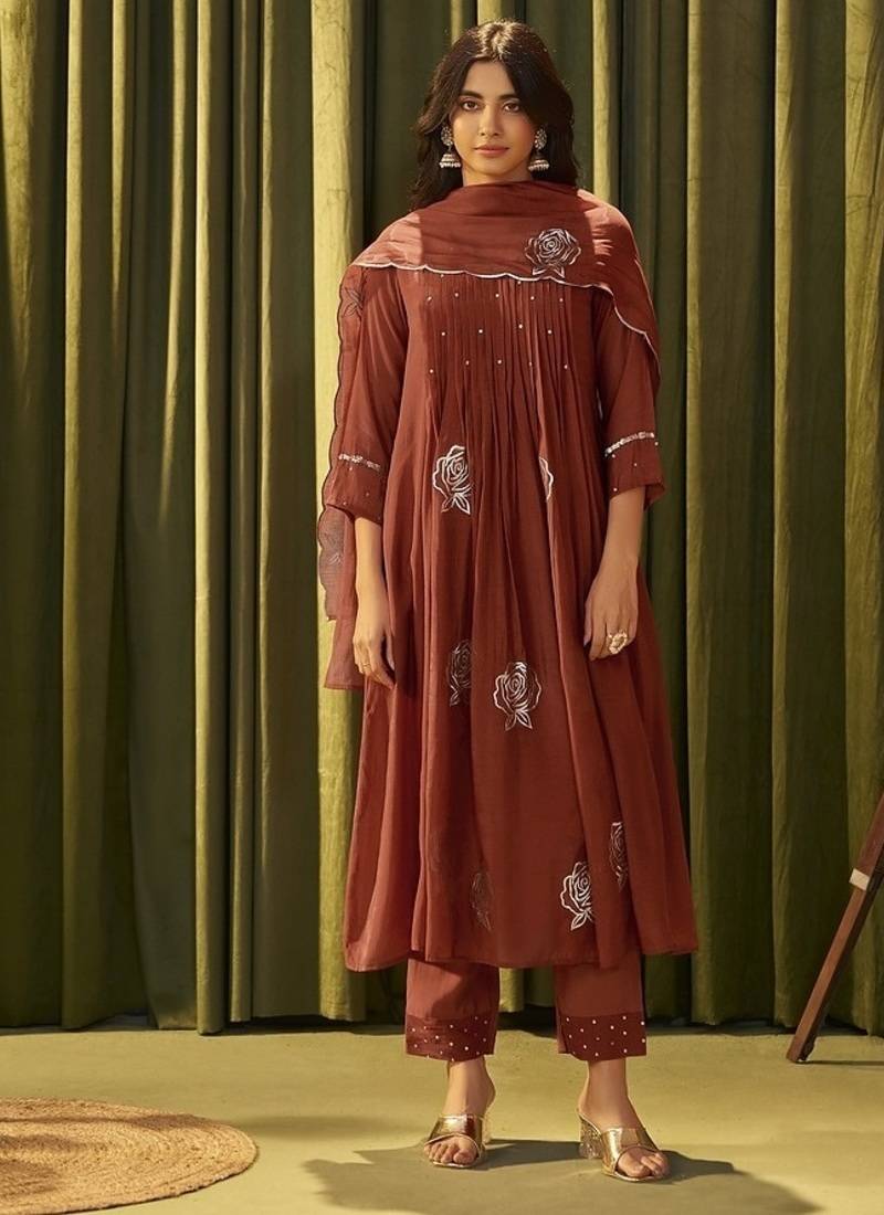 Red chanderi silk printed hand embroidery kurta set with dupatta