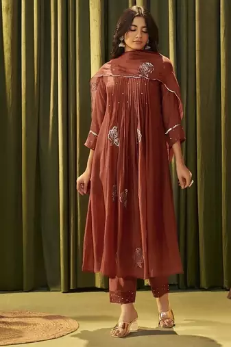 Red chanderi silk printed hand embroidery kurta set with dupatta