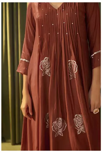 Red chanderi silk printed hand embroidery kurta set with dupatta