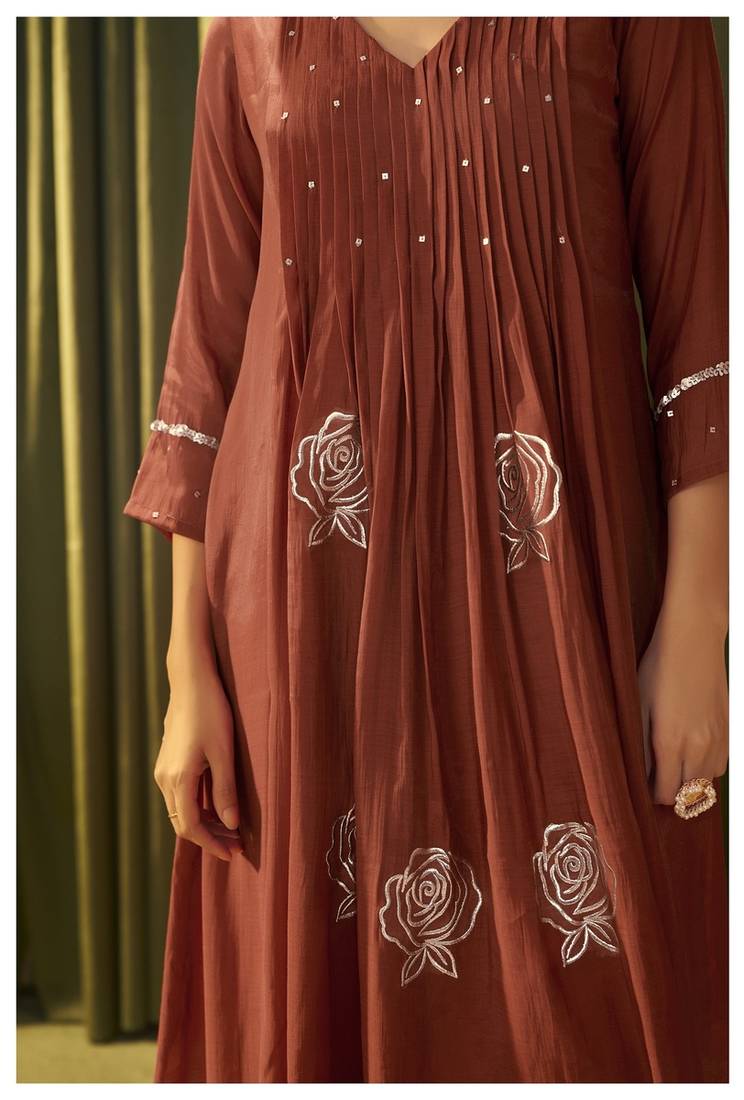 Red chanderi silk printed hand embroidery kurta set with dupatta