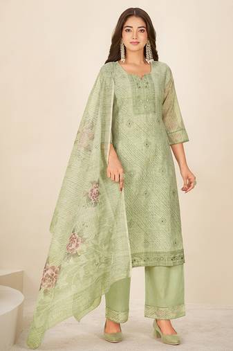 Green linen printed hand embroidery kurta set with dupatta