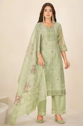 Green linen printed hand embroidery kurta set with dupatta