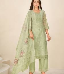 Green linen printed hand embroidery kurta set with dupatta