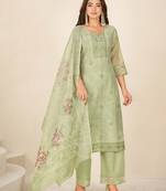 Green linen printed hand embroidery kurta set with dupatta