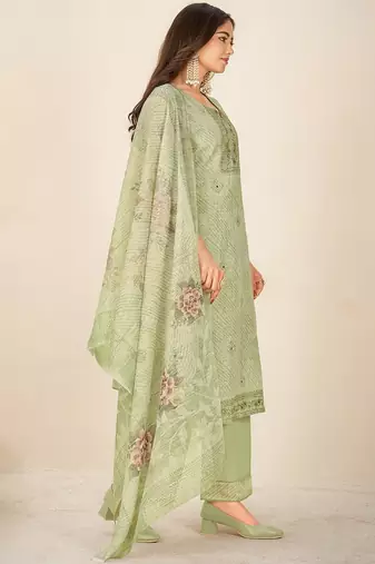 Green linen printed hand embroidery kurta set with dupatta