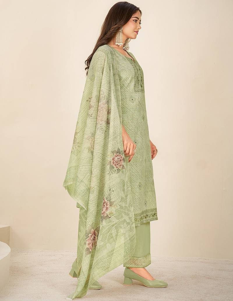 Green linen printed hand embroidery kurta set with dupatta