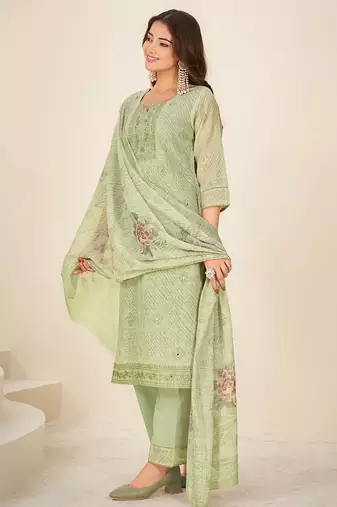 Green linen printed hand embroidery kurta set with dupatta