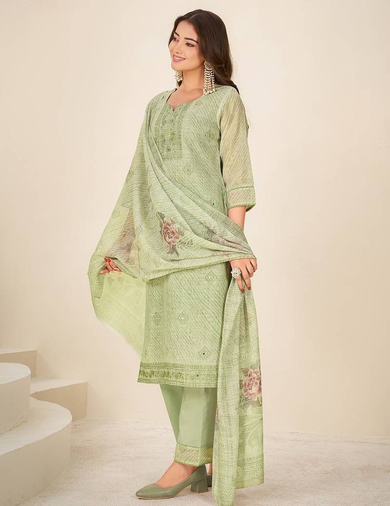 Green linen printed hand embroidery kurta set with dupatta