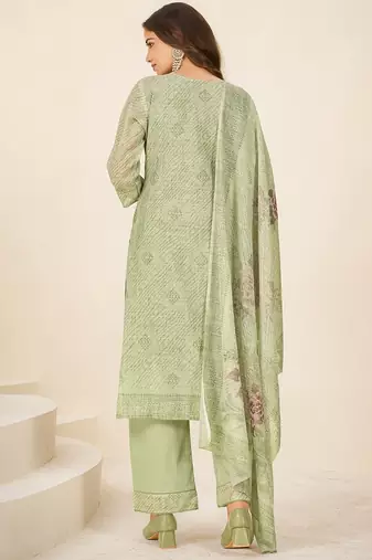 Green linen printed hand embroidery kurta set with dupatta