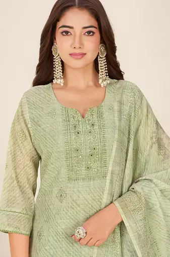 Green linen printed hand embroidery kurta set with dupatta