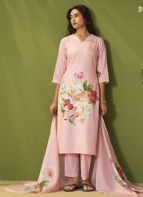 Pink linen printed hand embroidery kurta set with dupatta 1