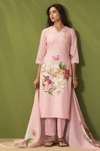 Pink linen printed hand embroidery kurta set with dupatta