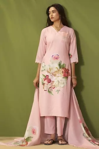 Pink linen printed hand embroidery kurta set with dupatta