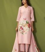 Pink linen printed hand embroidery kurta set with dupatta