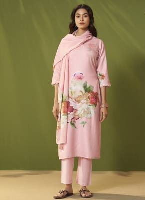Pink linen printed hand embroidery kurta set with dupatta 2