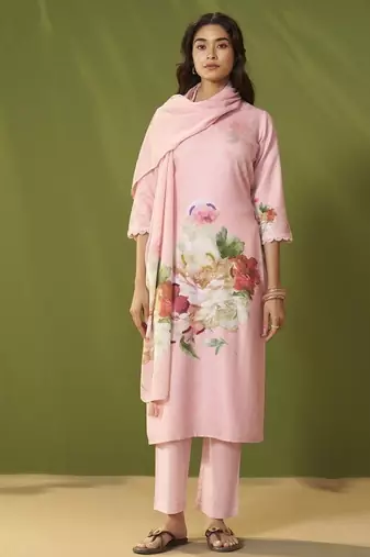 Pink linen printed hand embroidery kurta set with dupatta