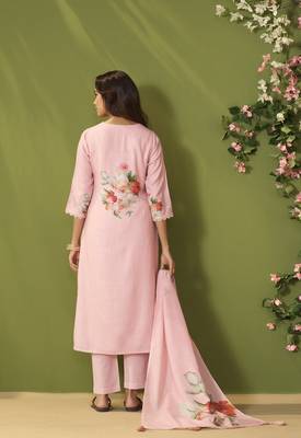 Pink linen printed hand embroidery kurta set with dupatta 3