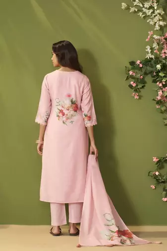 Pink linen printed hand embroidery kurta set with dupatta