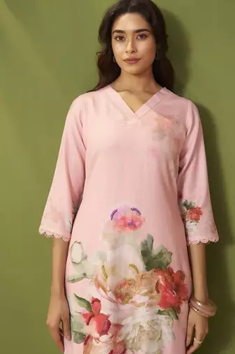 Pink linen printed hand embroidery kurta set with dupatta