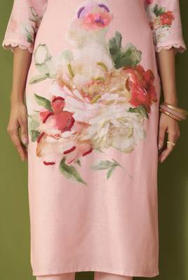 Pink linen printed hand embroidery kurta set with dupatta 5