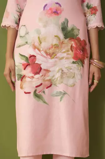 Pink linen printed hand embroidery kurta set with dupatta