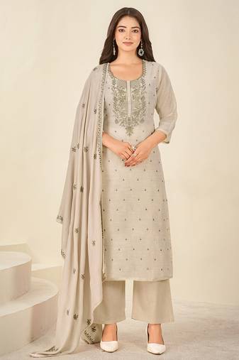 Cream chanderi printed hand embroidery kurta set with dupatta