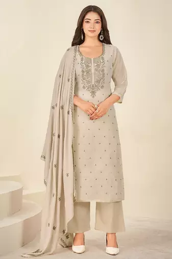Cream chanderi printed hand embroidery kurta set with dupatta