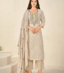 Cream chanderi printed hand embroidery kurta set with dupatta
