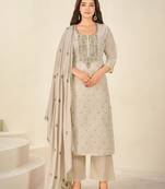 Cream chanderi printed hand embroidery kurta set with dupatta