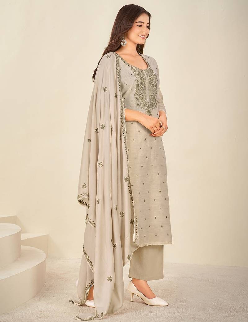 Cream chanderi printed hand embroidery kurta set with dupatta