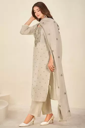 Cream chanderi printed hand embroidery kurta set with dupatta