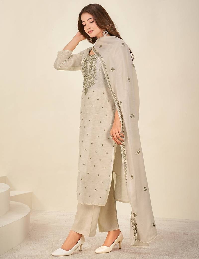 Cream chanderi printed hand embroidery kurta set with dupatta