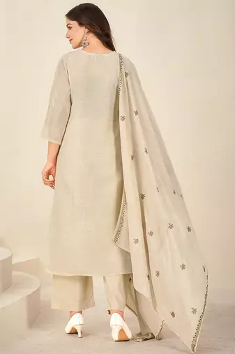 Cream chanderi printed hand embroidery kurta set with dupatta