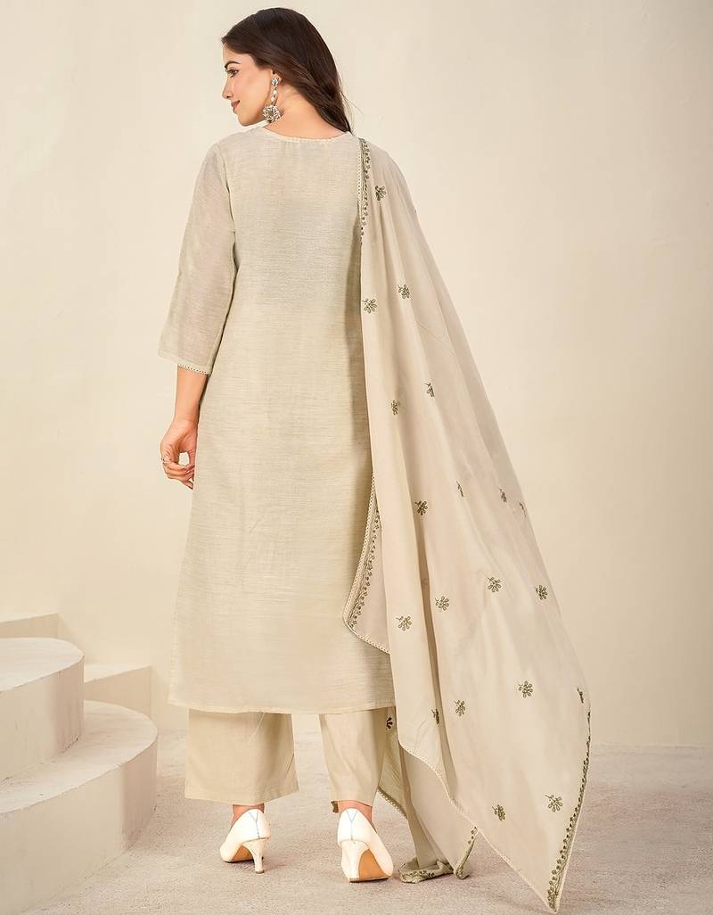 Cream chanderi printed hand embroidery kurta set with dupatta