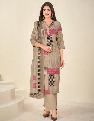 Khaki cotton printed hand embroidery kurta set with dupatta 1