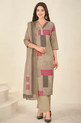 Khaki cotton printed hand embroidery kurta set with dupatta
