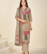 Khaki cotton printed hand embroidery kurta set with dupatta