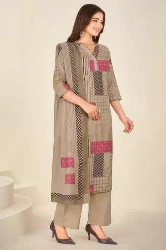 Khaki cotton printed hand embroidery kurta set with dupatta