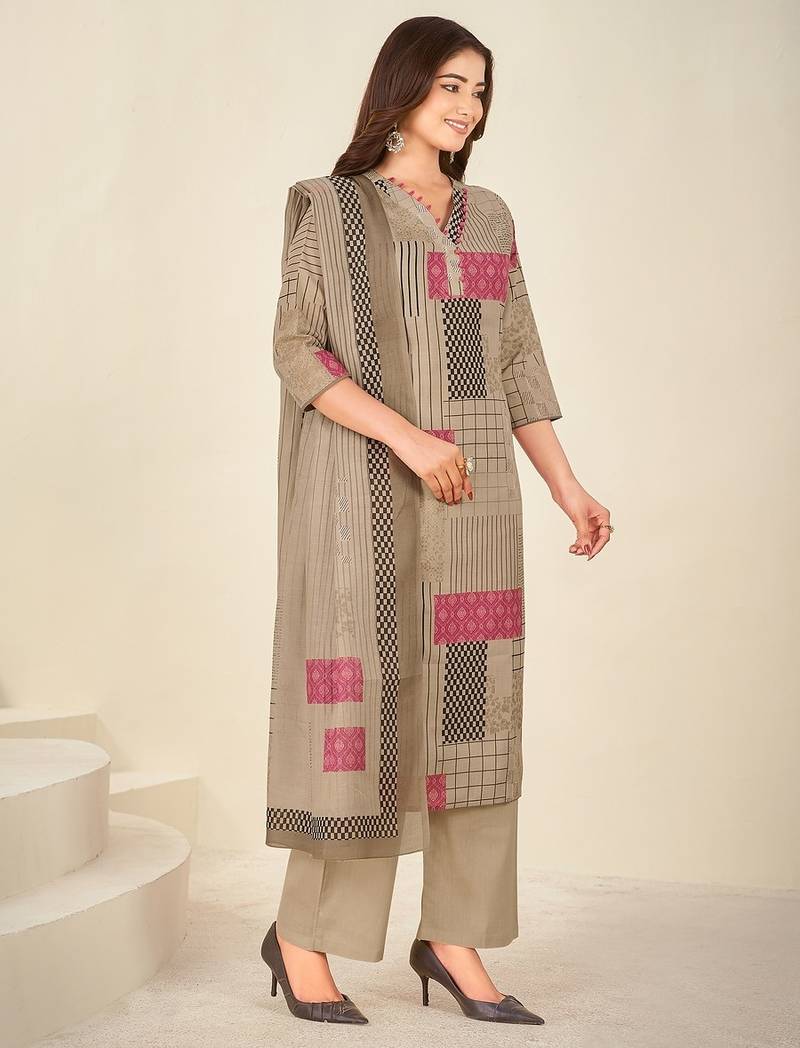 Khaki cotton printed hand embroidery kurta set with dupatta
