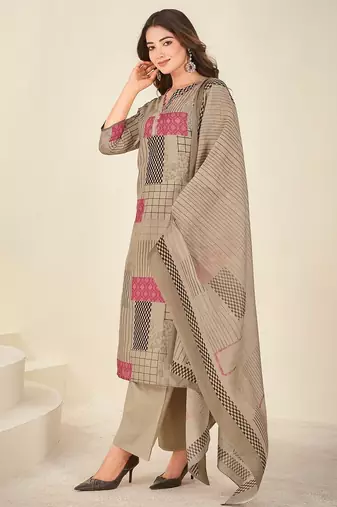 Khaki cotton printed hand embroidery kurta set with dupatta