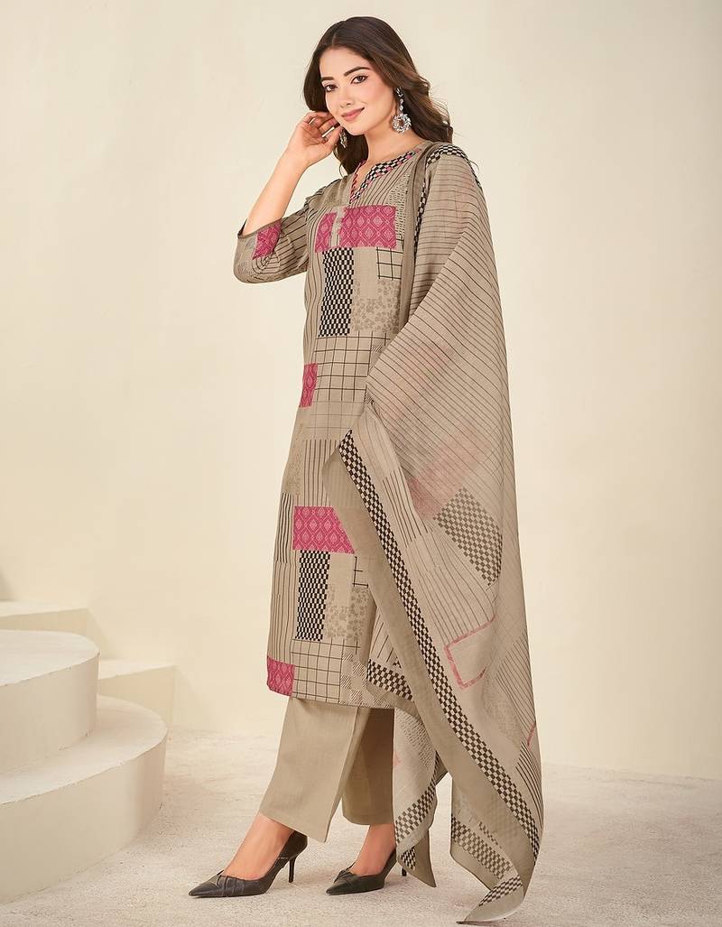 Khaki cotton printed hand embroidery kurta set with dupatta