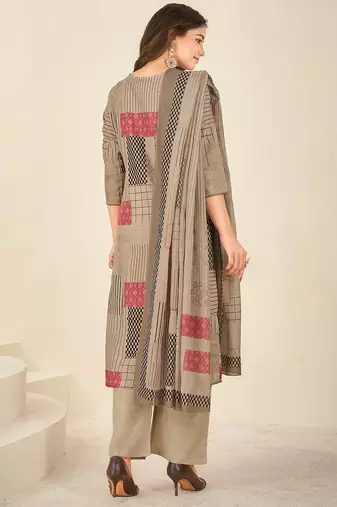 Khaki cotton printed hand embroidery kurta set with dupatta