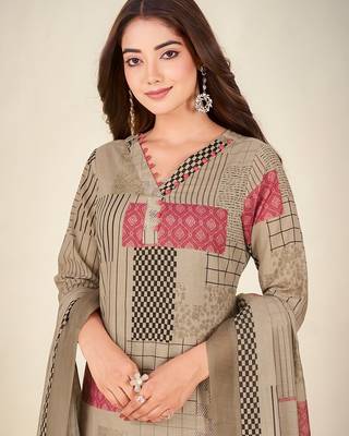 Khaki cotton printed hand embroidery kurta set with dupatta 5