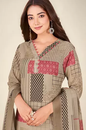 Khaki cotton printed hand embroidery kurta set with dupatta