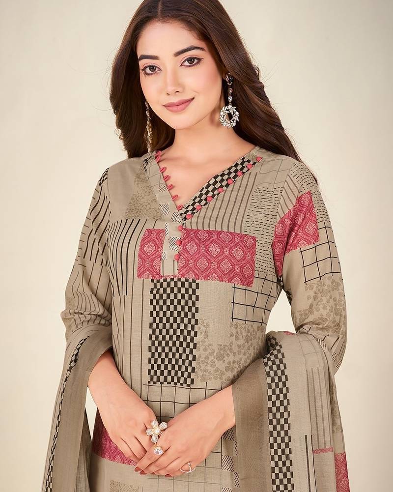 Khaki cotton printed hand embroidery kurta set with dupatta