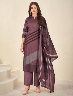 Purple cotton printed hand embroidery kurta set with dupatta 1