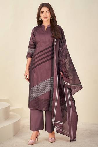 Purple cotton printed hand embroidery kurta set with dupatta